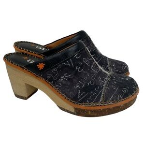 The Art Co Amsterdam Women's Black Clogs Wood Heels Chalkboard Print Size 36